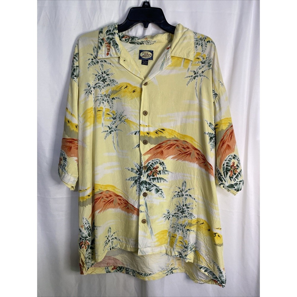 Tommy Bahama Tropical Shirt Mens L Yellow Good Rayon Palm Tree‎ Camp Button Down